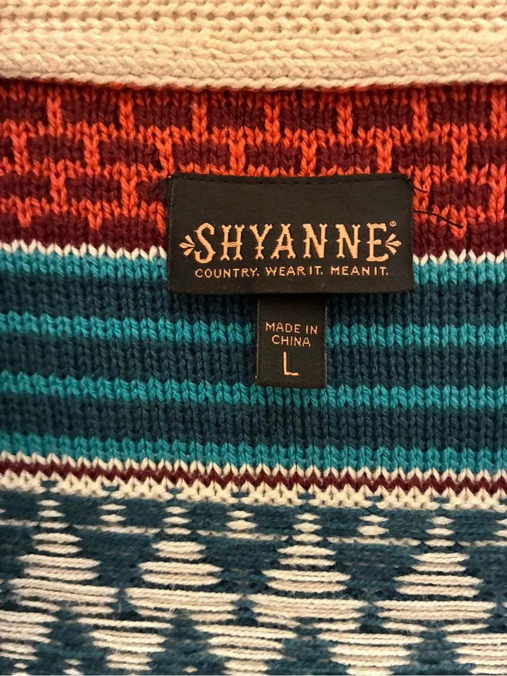 NWT Shyanne Cream, Teal & Rust Geometric Shawl Collar Cardigan Size L